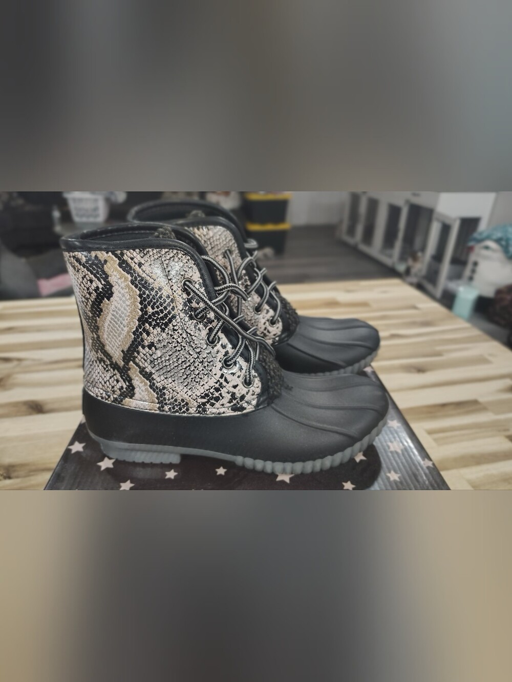 Simply Southern Snake-Print Rain Ankle Boots in Black and Cream